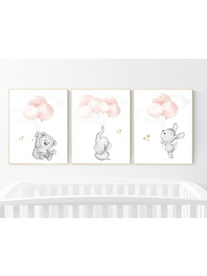 Ninastore Allık Pembesi Bebek Odası Desenleri: Fil, Ayı, Tavşan ve Balonlar