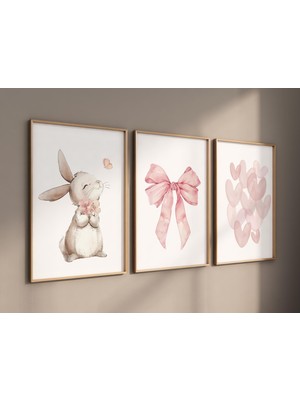Ninastore Suluboya Tavşanlı Bebek Odası Baskı Seti: Pembe Fiyonk, Kalpler, Pastel Dekor