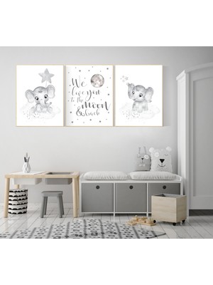 Ninastore Fil Fidanlığı Sanat Baskıları: Ay ve Yıldızlar, Gri Nötr Dekor