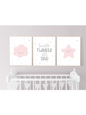 Ninastore Pembe ve Gri Bebek Odası Desenleri: Parıldayan Yıldız, Bulut, Kız Odası Dekoru