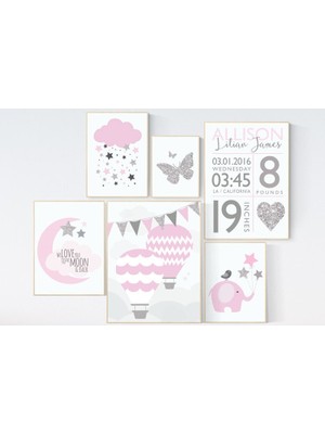 Ninastore Fil Bebek Odası Dekoru: Pembe Gümüş Sıcak Hava Balonu, Doğum Istatistikleri (Baskılar)