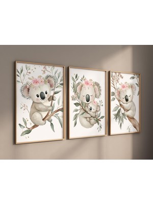 Ninastore Çiçekli Koala Bebek Odası Baskı Seti: Suluboya Bebek Hayvan Sanatı