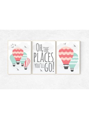 Ninastore Sıcak Hava Balonu Bebek Odası Baskı Seti: Mercan Nane Dekoru