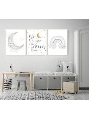 Ninastore Gri ve Altın Çocuk Odası Sanatı: Ay, Yıldızlar, Gökkuşağı Baskısı
