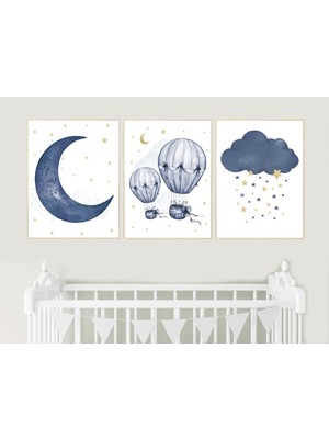 Ninastore Lacivert ve Altın Bebek Odası Baskıları: Ay, Yıldızlar, Sıcak Hava Balonu (3'lü Set)