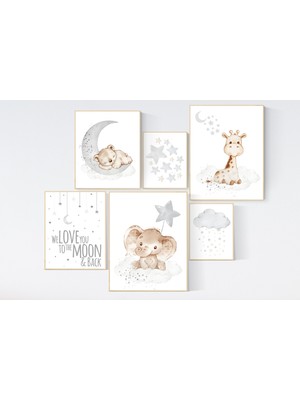 Ninastore Nötr Çocuk Odası Sanat Baskıları: Ayı, Fil, Zürafa (2'li Set)