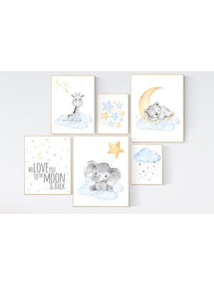 Ninastore Hayvan Kreşi Baskıları: Fil, Ayı, Zürafa, Penguen (11X14, 8X10, 5x7)