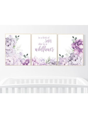Ninastore Mor Çiçekli Çocuk Odası Dekoru: Şakayık ve Kır Çiçeği Sanat Baskısı