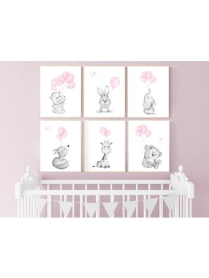 Ninastore Hayvan Balonlu Kreş Baskısı: Fil, Tavşan, Zürafa, Tilki