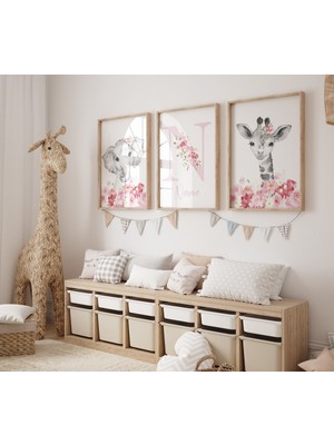 Ninastore Pembe Çiçekli Safari Hayvan Baskıları: Kız Çocuk Odası Duvar Sanatı