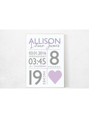 Ninastore Kişiselleştirilmiş Doğum Istatistikleri Baskısı: Mor Bebek Odası Dekoru