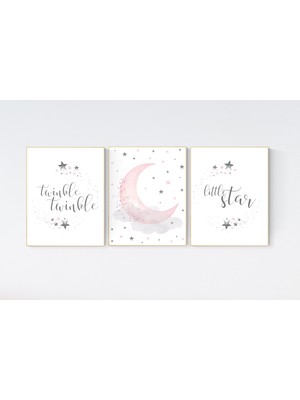 Ninastore Pembe Ay Bebek Odası Sanat Baskıları: Parıldayan Yıldız Bebek Kız Dekoru