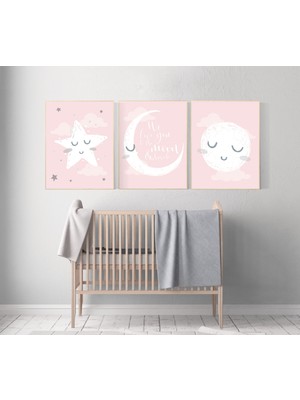 Ninastore Pembe ve Gri Çocuk Odası Duvar Sanatı: Ay, Yıldız, Bulut Baskıları