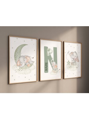 Ninastore Fil Bebek Odası Baskısı: Adaçayı Yeşili Bebek Odası Duvar Sanatı