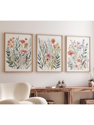 Ninastore Suluboya Kır Çiçeği Baskı Seti, Nötr Bohem Botanik Sanatı (3'lü Set)
