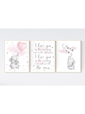 Ninastore Fil Çocuk Odası Dekoru Kız: Pembe Gri Bulut Yıldızları Baskısı