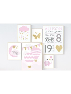 Ninastore Pembe ve Altın Bebek Odası Dekoru: Fil, Kelebek, Ay Desenleri
