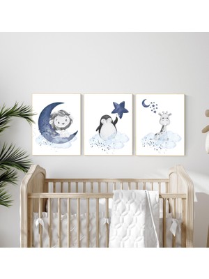 Ninastore Lacivert Hayvan Odası Desenleri: Aslan, Zürafa, Penguen