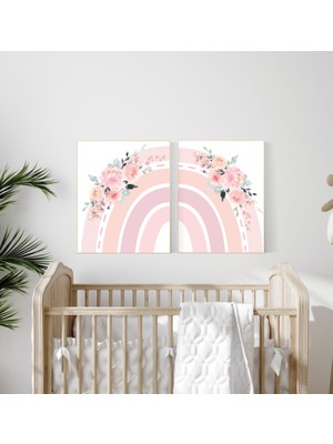 Ninastore Allık Pembesi Çiçekli Gökkuşağı Çocuk Odası Dekor Baskıları - 2'li Set