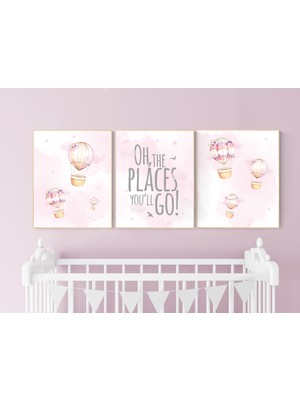 Ninastore Sıcak Hava Balonu Kreş Baskısı: Pembe Suluboya Kız Odası Dekoru