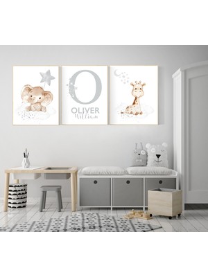 Ninastore Nötr Çocuk Odası Hayvan Desenleri: Ayı, Fil, Zürafa