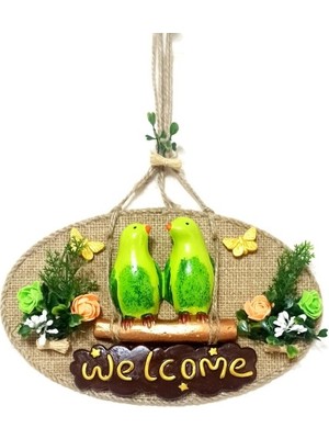 Yeşil Kuşlu Welcome Yazılı El Yapımı Kapı Süsü