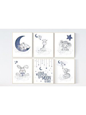 Ninastore Lacivert Bebek Odası Hayvan Desenleri: Ay ve Yıldız Dekoru, 6'lı Set