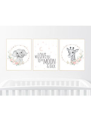 Ninastore Bohem Hayvan Bebek Odası Desenleri: Allık Pembesi Fil ve Zürafa