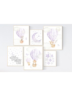 Ninastore Mor Sıcak Hava Balonu Bebek Odası Baskısı: Lavanta Kız Bebek Dekoru