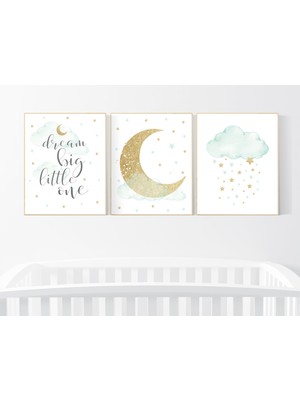 Ninastore Cinsiyet Ayrımı Gözetmeyen Bebek Odası Dekorasyonu, Nane Altın Rengi Bebek Odası, Erkek ve Kız Çocuk Odası Dekorasyonu, Bulut ve Yıldız Çocuk Odası, Ay Çocuk Odası Duvar Dekorasyonu