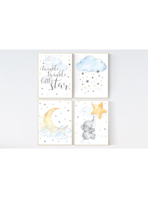 Ninastore Fil ve Ay Bebek Odası Dekor Baskıları: Cinsiyetsiz Yıldız Sanatı