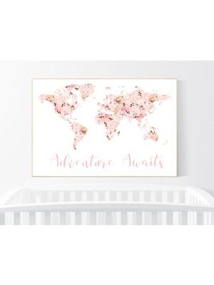Ninastore Çiçekli Dünya Haritası Baskısı: Allık Pembesi Çocuk Odası Dekoru, Macera Bekliyor