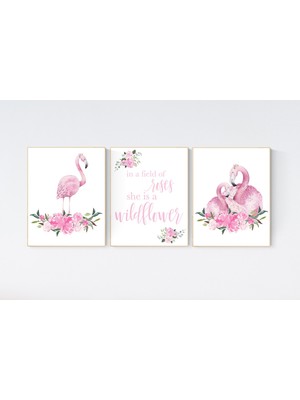 Ninastore Flamingo Bebek Odası Sanat Baskısı: Pembe Çiçekli Bohem Bebek Odası Dekoru