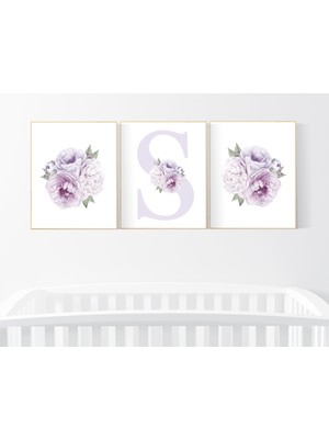 Ninastore Çiçekli Bebek Odası Desenleri: Leylak Şakayık, Kız Odası Dekoru, 3'lü Set