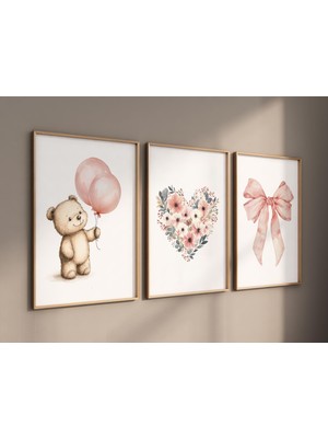 Ninastore Allık Teddy Ayıcık Bebek Odası Desenleri: Çiçekli Kalp, Pembe Fiyonk, Balon Ayı