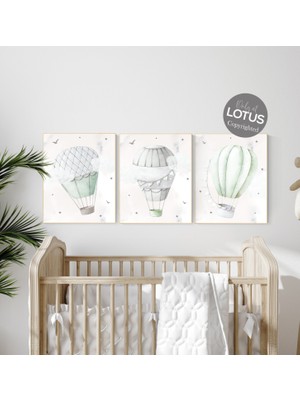 Ninastore Adaçayı Yeşili Sıcak Hava Balonu Bebek Odası Baskısı: Cinsiyet Nötr Dekor