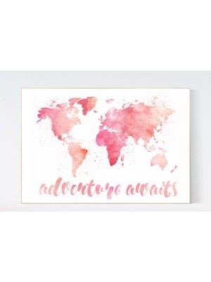 Ninastore Suluboya Dünya Haritası Baskısı: Pembe Çocuk Odası Dekoru, Macera Bekliyor