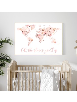 Ninastore Çiçekli Dünya Haritası Baskısı: Allık Pembesi Çocuk Odası Dekoru, Macera Bekliyor