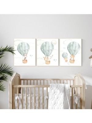 Ninastore Adaçayı Yeşili Sıcak Hava Balonu Kreş Baskıları: Macera Seyahat Teması