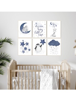 Ninastore Lacivert Bebek Odası Desenleri: Fil, Ay, Yıldızlar, Penguen, Zürafa