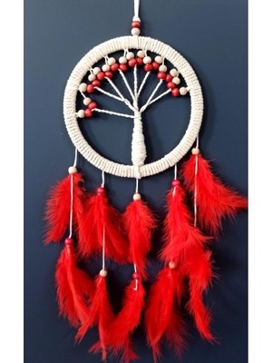 Kırmızı Kuş Tüylü Hayat Ağacı Düş Kapanı Duvar Süsü