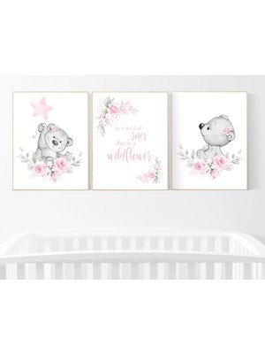 Ninastore Çiçekli Ayı Fidanlık Baskıları: Pembe Çiçek Duvar Sanatı