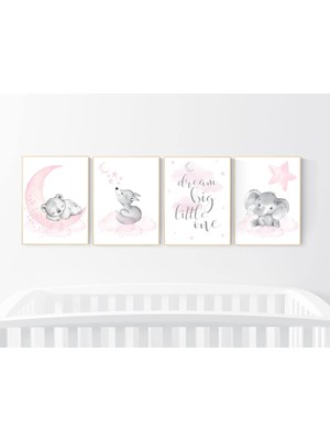 Ninastore Pembe ve Gri Hayvan Kreş Desenleri: Fil, Ayı, Tilki