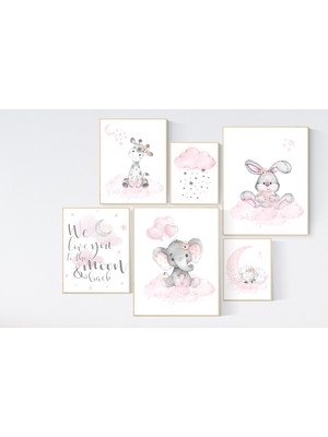 Ninastore Pembe Hayvan Kreş Baskıları: Fil, Tavşan, Zürafa, Koyun (11X14, 8X10, 5x7)