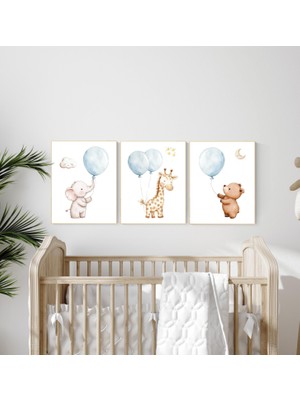 Ninastore Mavi Balonlu Hayvan Kreş Baskıları: Fil, Zürafa, Ayı