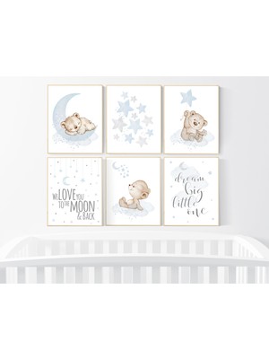 Ninastore Ayı Bebek Odası Baskıları: Mavi Gri Erkek Bebek Dekoru (6'lı Set)