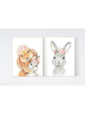 Ninastore Tavşan Suluboya Baskıları: Çiçek Taçlı Tavşan Kreş Duvar Sanatı