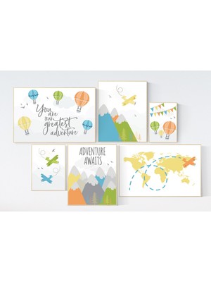 Ninastore Macera Odası Dekoru: Dağlar, Uçak, Dünya Haritası Baskıları