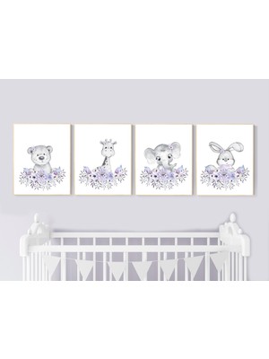 Ninastore Çiçekli Orman Hayvanı Desenleri: Mor Çocuk Odası Dekoru