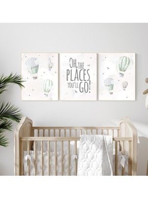 Ninastore Adaçayı Yeşili Sıcak Hava Balonu Bebek Odası Baskısı: Seyahat Temalı Dekor